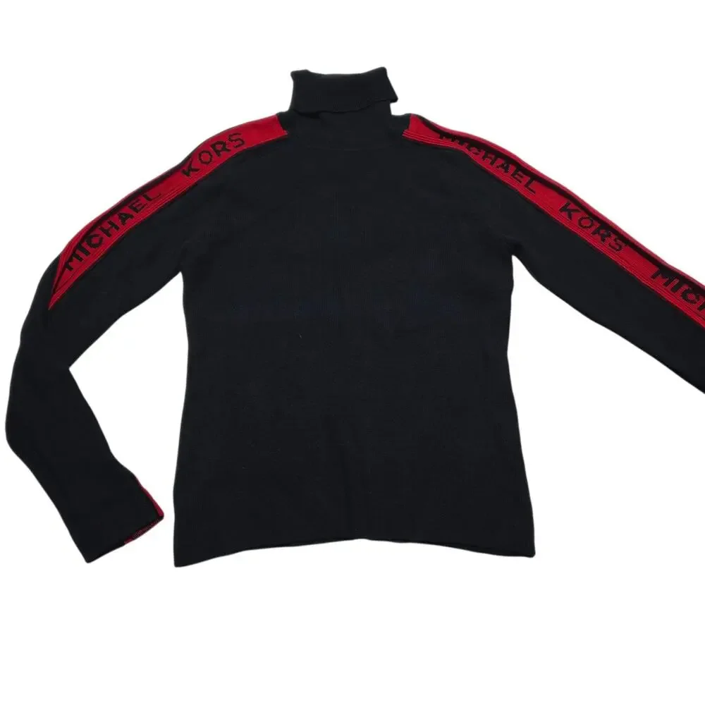 Michael Kors Black Logo Stripe Turtleneck Women's Small Knit Top Y2K